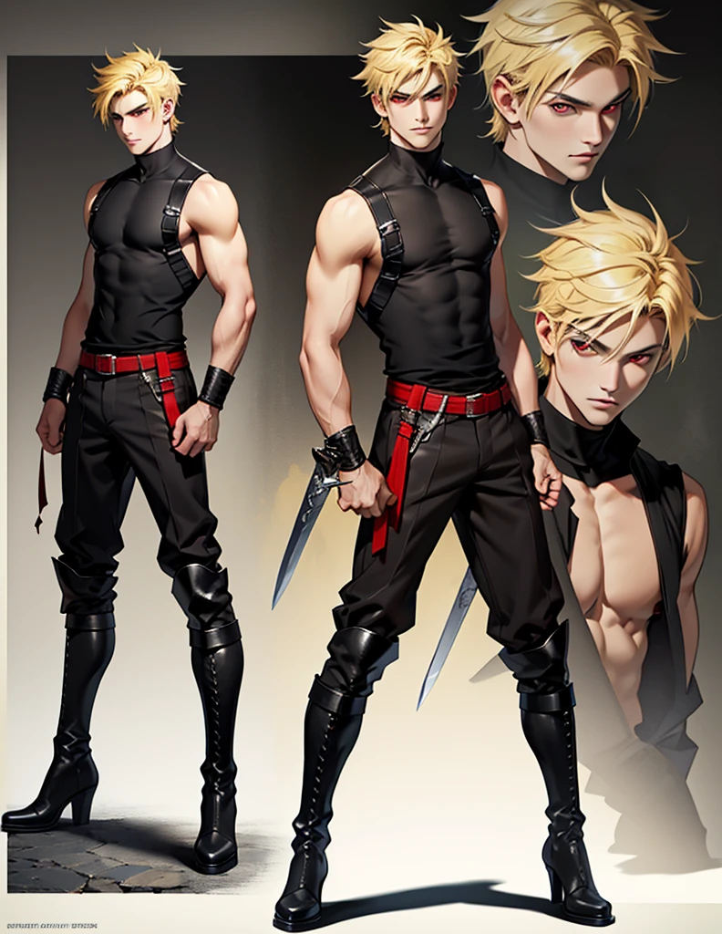 Well-made face high quality resolution 8k view of the face perfect perfect body beautiful handsome Galician boy with red eyes short hair view of the whole body with a black shirt medieval clothes and leather boots sword blonde hair yellow hair misa open tank top sample chest red eye full body view while standing