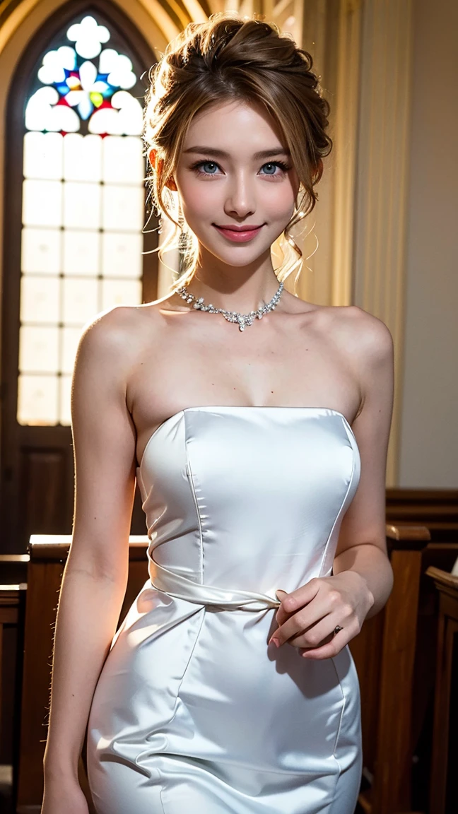 bride、Wedding style、Wedding styleの写真、Luxury dress、church、Light clothing、Formal wear、night景、illumination、blue eyes、Blonde、short hair、Tie your hair up、full-body shot、Sexy face、short hair、 Full appearance、(((masterpiece)))、((best quality))、((超Practical))、成熟したMiss、成熟したMiss、view、Very detailed、perfect、Best image quality、Detailed image quality、beautiful、Europe, Miss, French, Miss Italian, Italian, Smile、blue eyes、Jewelry, blue eyes, Practical, high resolution, Radiant Skin, (Delicate face),Jewelry, , night, Blonde, curls,Beautiful appearance, Smile,