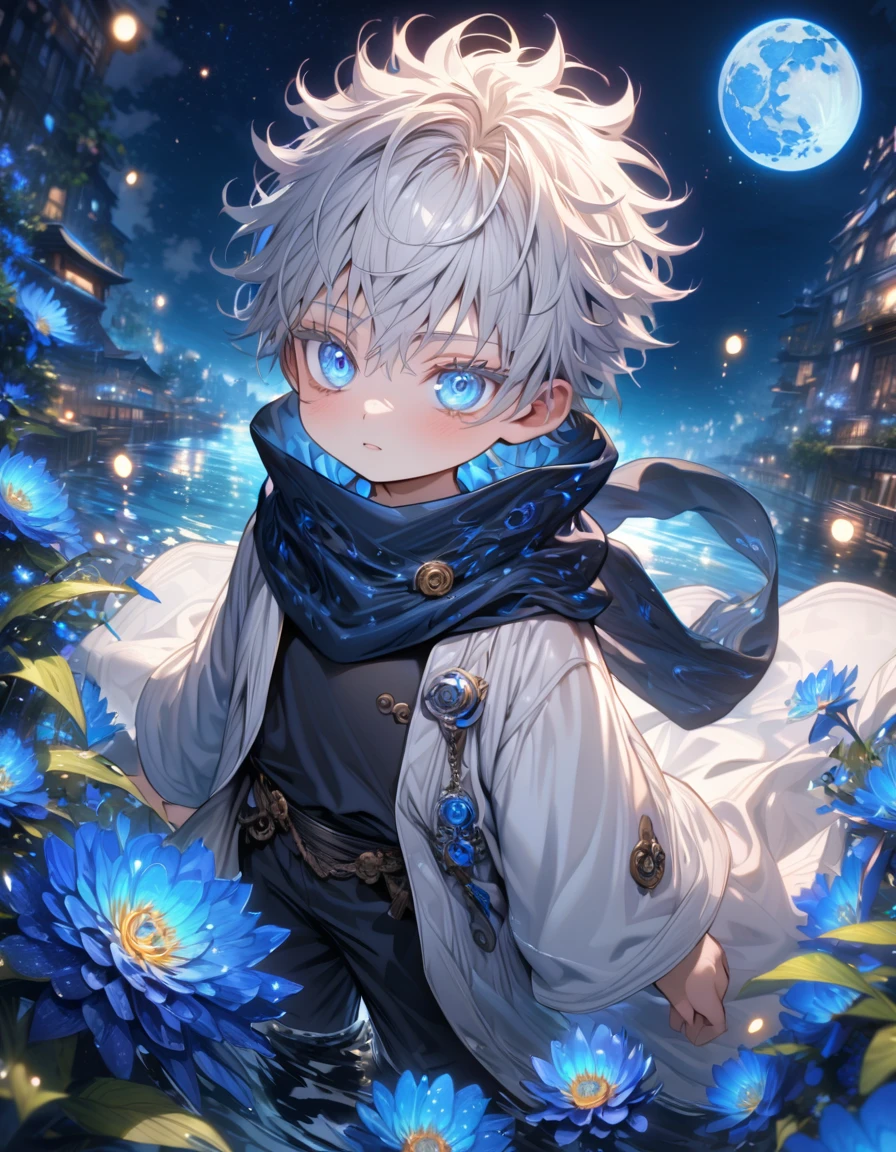 absurdres, highres, ultra detailed, HDR, master piece, best quality, extremely detailed, Gojou Satoru chibi, white hair, expressive blue eyes, white eyelashes, Jujutsu Kaisen, solo, boy, cute, black scarf, white haori, black T-shirt, fantasy, water, sparkling, blue glittering fireflies, blue moon, blue blossoms, blue chrysanthemums, blue sparkling lights, starry sky