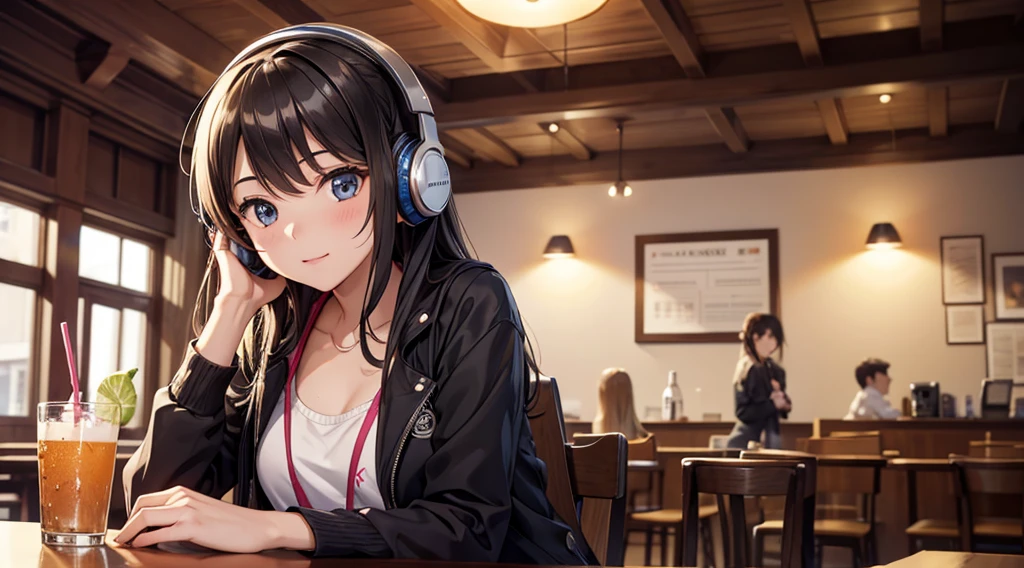 Girl with headphones enjoying music in a cafe I am studying Emphasize a little bit of the chest 飲み物をストローで飲んでいる