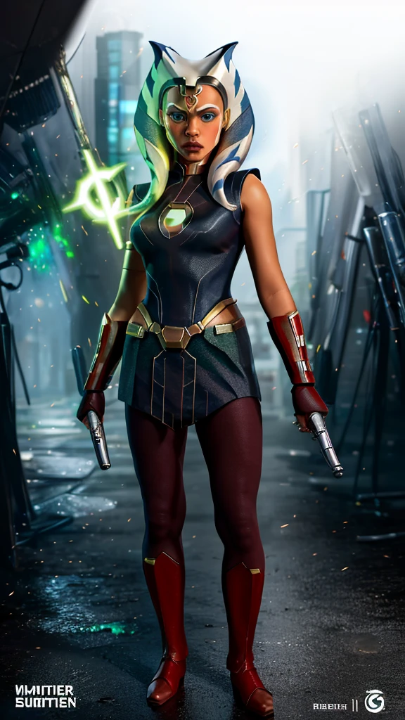 masterpiece, best quality, 1girl, black hair, blue eyes, green lantern costume, white gloves, cityscape background