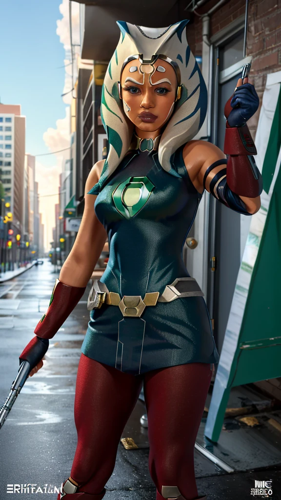 masterpiece, best quality, 1girl, black hair, blue eyes, green lantern costume, white gloves, cityscape background 