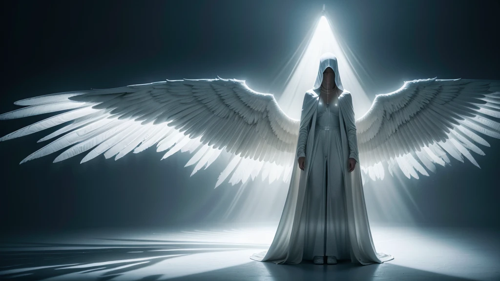 Hooded figure clad in pure white trousers, standing head-on, bathed in the illuminating glow of an angelic figure with expansive wings unfurled behind, chiaroscuro, high contrast, ethereal ambiance, backlit, drama of play of light and shadow, photorealistic concept art, volumetric lighting.