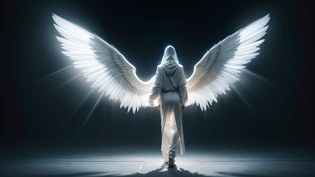 Hooded figure clad in pure white trousers, standing head-on, bathed in the illuminating glow of an angelic figure with expansive wings unfurled behind, chiaroscuro, high contrast, ethereal ambiance, backlit, drama of play of light and shadow, photorealistic concept art, volumetric lighting.