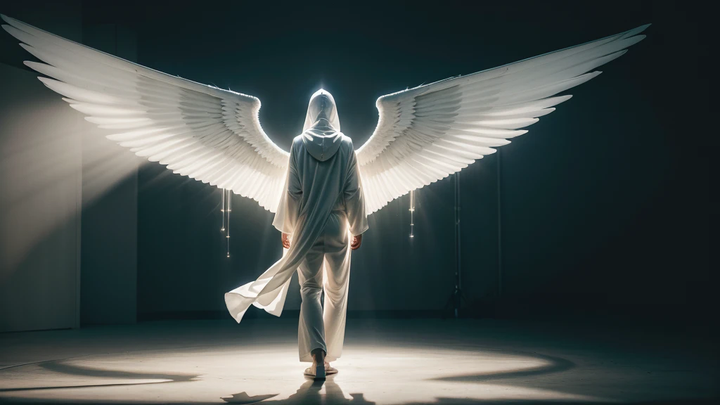 Hooded figure clad in pure white trousers, standing head-on, bathed in the illuminating glow of an angelic figure with expansive wings unfurled behind, chiaroscuro, high contrast, ethereal ambiance, backlit, drama of play of light and shadow, photorealistic concept art, volumetric lighting.