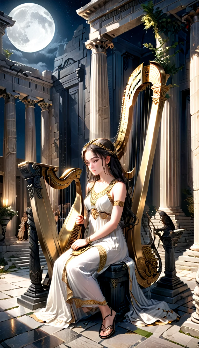 a young priestess, sitting, she places a harp larger than herself in front of him and plays it, playing a large lyre, ancient Greek temple, late at night, inside the temple it is (dark:1.3) and there is (no lighting:1.2), the moonlight shines in at an angle, shining a faint light on her., highly detailed, photorealistic, realistic lighting, intricate architecture, ornate decorations, cool color palette, golden accents, soft fabric textures, mesmerizing expression, elegant pose, cinematic composition, natural lighting, realistic shadows, mystical atmosphere, hyperrealistic, award-winning art