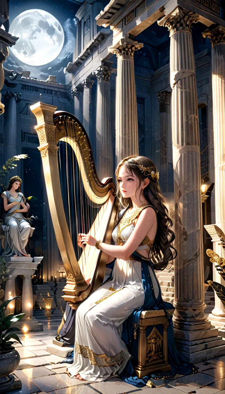 a young priestess, sitting, she places a harp larger than herself in front of him and plays it, playing a large lyre, ancient Greek temple, late at night, inside the temple it is (dark:1.3) and there is (no lighting:1.2), the moonlight shines in at an angle, shining a faint light on her., highly detailed, photorealistic, realistic lighting, intricate architecture, ornate decorations, cool color palette, golden accents, soft fabric textures, mesmerizing expression, elegant pose, cinematic composition, natural lighting, realistic shadows, mystical atmosphere, hyperrealistic, award-winning art