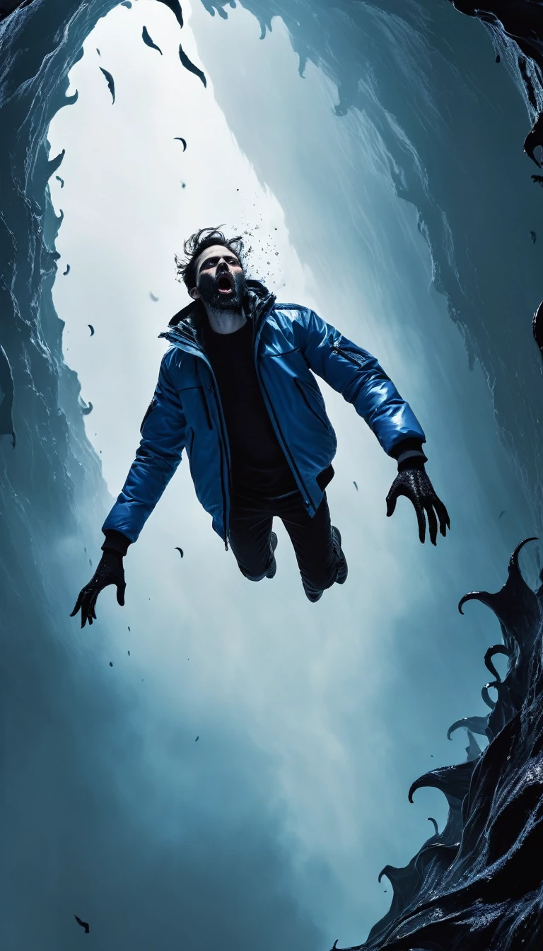 side view, a man floating in mid-air falling down the void, centered, wearing a blue jacket, lateral view. the wide infinite walls are filled entirely with monsters demonic with black melting skin overlapping and interwhinted bodies, the monsters strech their arms-claws trying to reach the man body, horror art, dim light, digital illustration, long shot, fog and mist atmosphere, dramatic light, long aerial shot