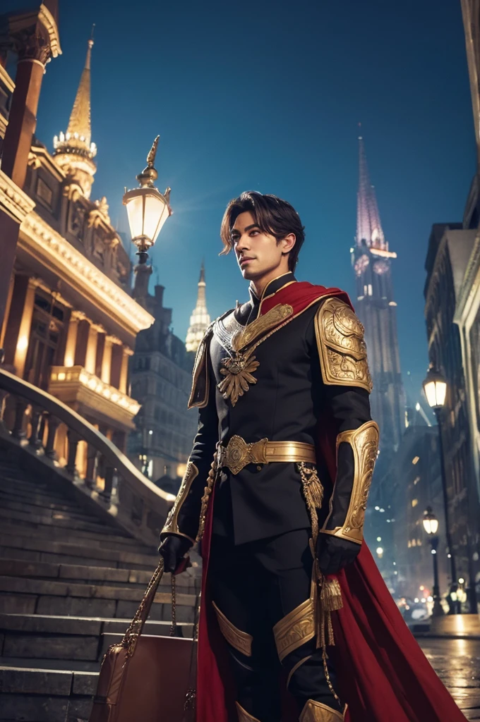 A fantastical men's dress that resembles a cross between Dracula and the Devil.