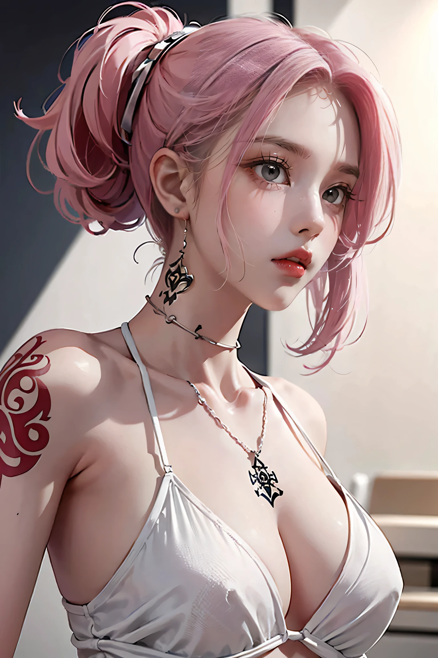 Pink Hair, Perfect Style, Beautiful Face, Highly detailed face and skin texture, (Maximum resolution: 1.2), 1 female, alone, Hip Up, jewelry, (((She has many tattoos all over her body)), Streetwear, I'Exercising at the gym, Pink Hair, Shorts, Sports boots, (((Tight waist))), ((Big Breasts)),NSFW