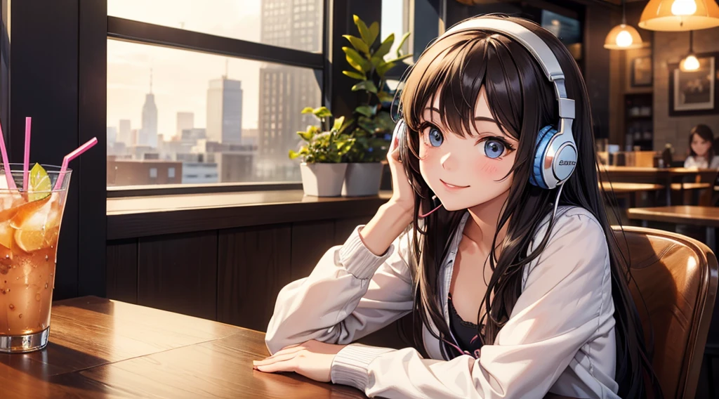 Girl with headphones enjoying music in a cafe　I am studying　Emphasize a little bit of the chest　Smiling and drinking a drink through a straw
