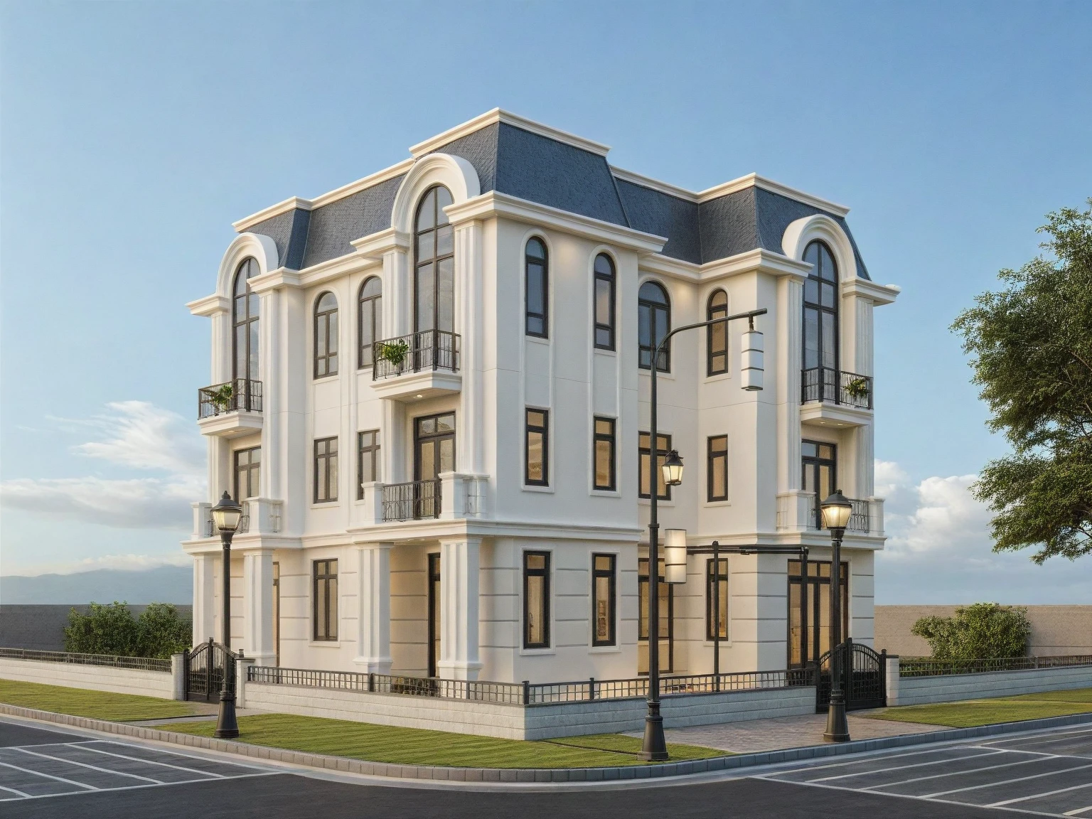Architectural style Architectural style,  ((Classic Style House)),(masterpiece) , ((best quality)), dramatic lighting, high quality outdoors, sky, day, cloud, tree, blue sky, building, scenery, road, real world location,  sunlight, enough detail, high resolution,super realistic, Photorealistic, highly detailed, balcony, plants, door, car, truck, parking slot, paving, . Clean lines, architectural drawing, highly detailed  , . Clean lines, geometric shapes, minimalist, modern, architectural drawing, highly detailed