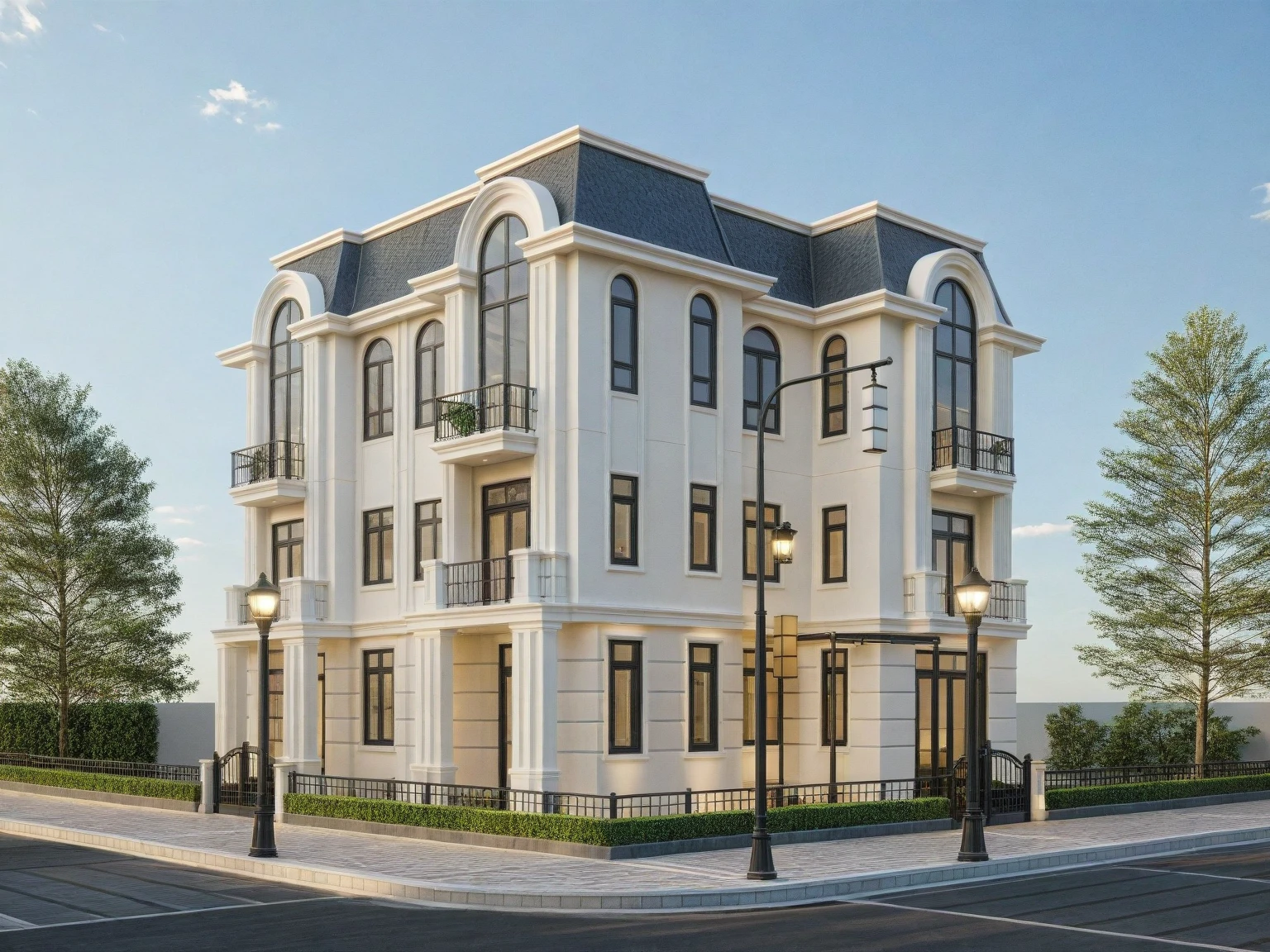 Architectural style Architectural style,  ((Classic Style House)),(masterpiece) , ((best quality)), dramatic lighting, high quality outdoors, sky, day, cloud, tree, blue sky, building, scenery, road, real world location,  sunlight, enough detail, high resolution,super realistic, Photorealistic, highly detailed, balcony, plants, door, car, truck, parking slot, paving, . Clean lines, architectural drawing, highly detailed  , . Clean lines, geometric shapes, minimalist, modern, architectural drawing, highly detailed