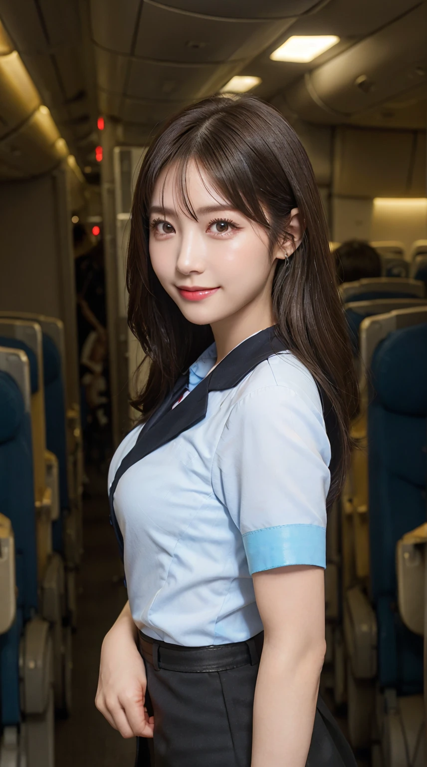 highest quality、8k、best image quality、Award-winning work), two beautiful women、1 women, radiant beautiful skin , masterpiece、top-quality、The ultra -The high-definition、depth of fields、lens flare 、brown hair, watching at viewers glares, large breasts , cabin crew uniform, blazer, short skirt, (black high heels), perfect legs, model pose, view from below, smiling , flight cabin, pantyhose