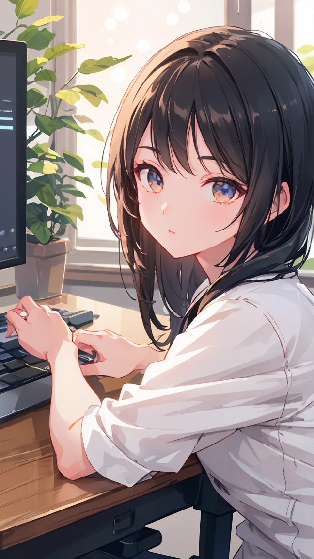 Masterpiece, beautifully detailed eyes,
stunning 4K artwork,
male, 1 person,
black hair,
brown eyes,
ultra-realistic, (photorealistic:1.3), RAW photo, professional photography, cinematic lighting, realistic portrait, working at computer, sitting in desk chair, from the side,
((bokeh)), depth of field, looking towards you