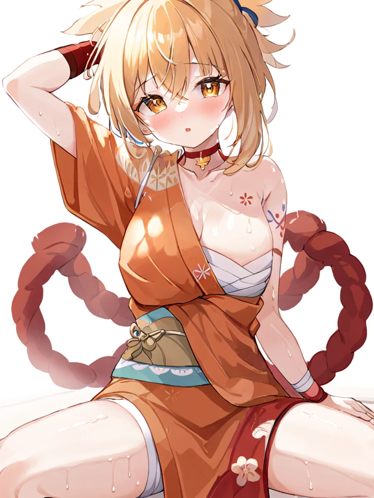 Super detailed,(Highest quality),((masterpiece)),(High resolution),original,One girl, Underarm, chest, alone, blush, Blonde, View your viewers, orange kimono, Raise the hand, kimono, kimono, chestの谷間, Arm tattoo, Sweat, Red choker, bandage, Put your arms behind your head, White Background, Simple Background, Hair between the eyes, bangs, chestのタトゥー, Yellow Eyes, Orange eyes, medium chest, Mouth closed, Underarmを見せる,nsfw,whole body,Areola,sitting cross-legged,