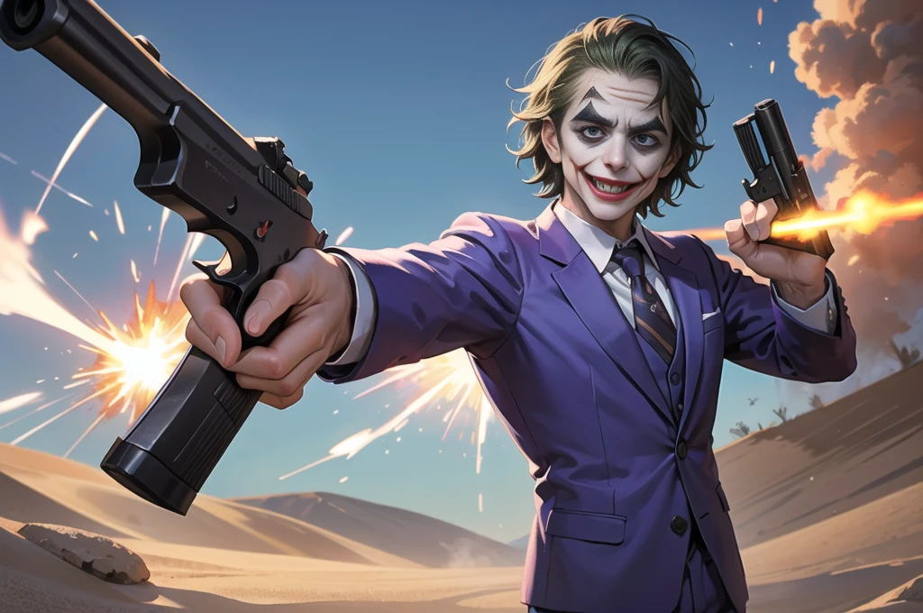 Masterpiece, best quality, The Joker wears a purple suit., , look at viewer, Aim the gun., ถือpistol, look at viewer, stand, , ((pistol)),((Aim the gun.ไปที่ผู้ชม)),gun possession, desert, Laugh and laugh ,explosion from gun