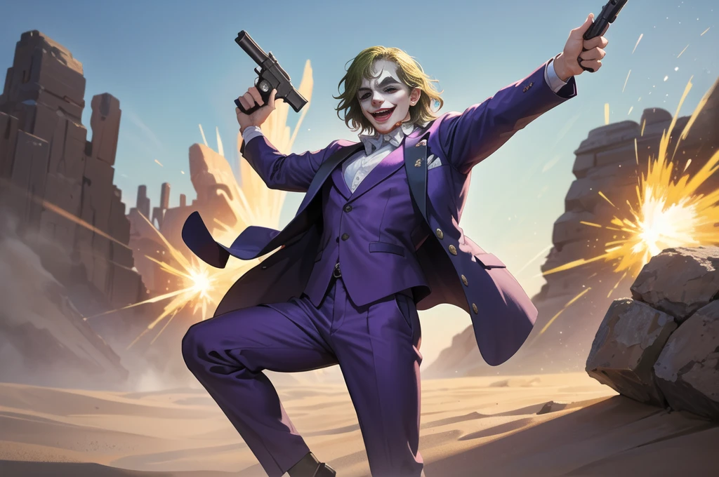 Masterpiece, best quality, The Joker wears a purple suit., , look at viewer, Aim the gun., ถือpistol, look at viewer, stand, , ((pistol)),((Aim the gun.ไปที่ผู้ชม)),gun possession, desert, Laugh and laugh ,explosion from gun
