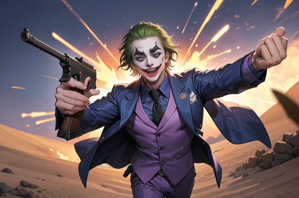 Masterpiece, best quality, The Joker wears a purple suit., , look at viewer, Aim the gun., ถือpistol, look at viewer, stand, , ((pistol)),((Aim the gun.ไปที่ผู้ชม)),gun possession, desert, Laugh and laugh ,explosion from gun
