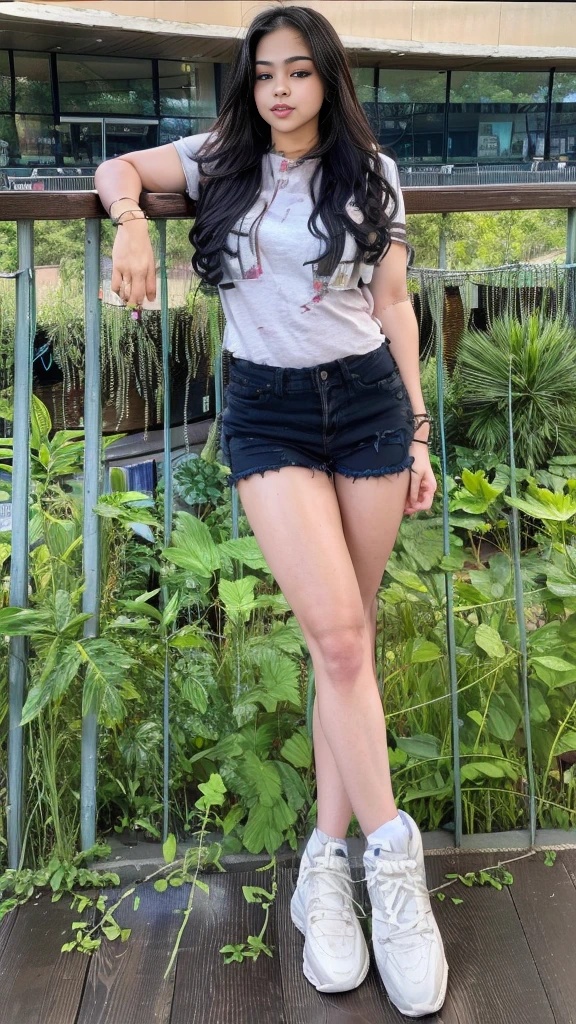 A sexy woman with big breasts, athletic body, thick thighs wearing short denim shorts and a long denim shirt and sneakers showing off her muscles 