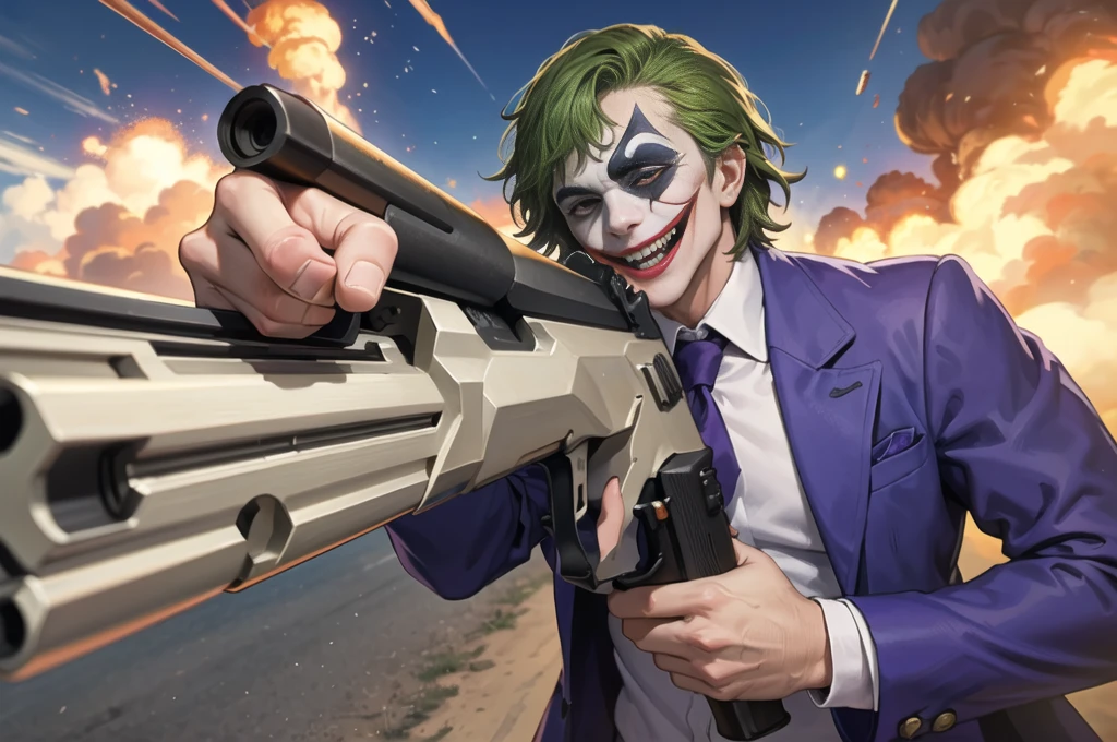 Masterpiece, best quality, The Joker wears a purple suit., , look at viewer, Aim the gun., ถือpistol, look at viewer, stand, , ((pistol)),((Aim the gun.ไปที่ผู้ชม)),gun possession, desert, Laugh and laugh ,explosion from gun