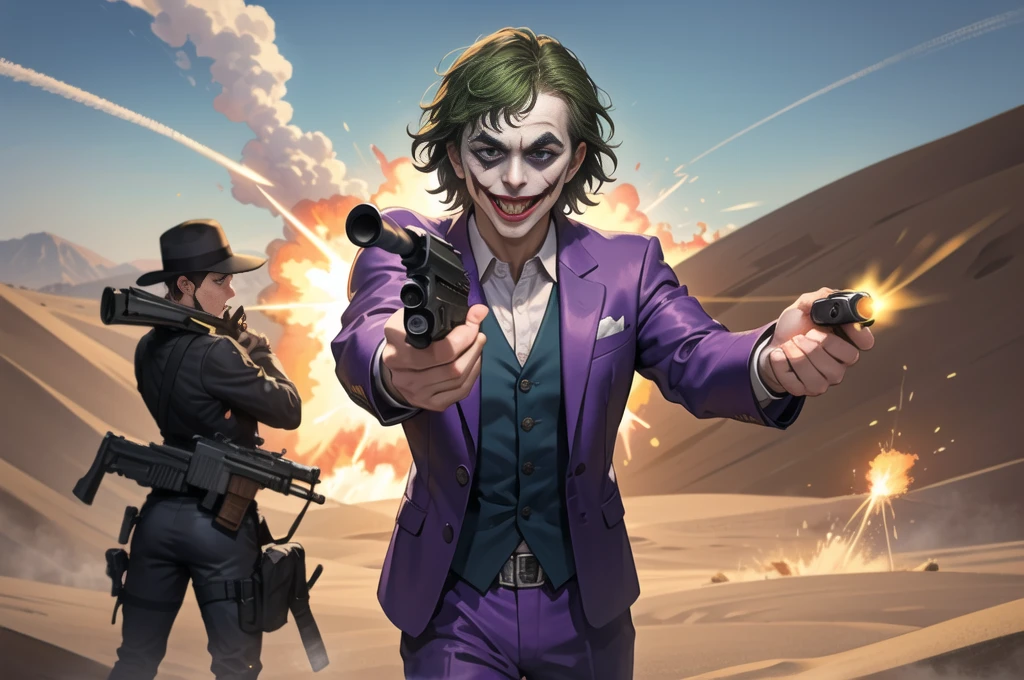 Masterpiece, best quality, The Joker wears a purple suit., , look at viewer, Aim the gun., ถือpistol, look at viewer, stand, , ((pistol)),((Aim the gun.ไปที่ผู้ชม)),gun possession, desert, Laugh and laugh ,explosion from gun