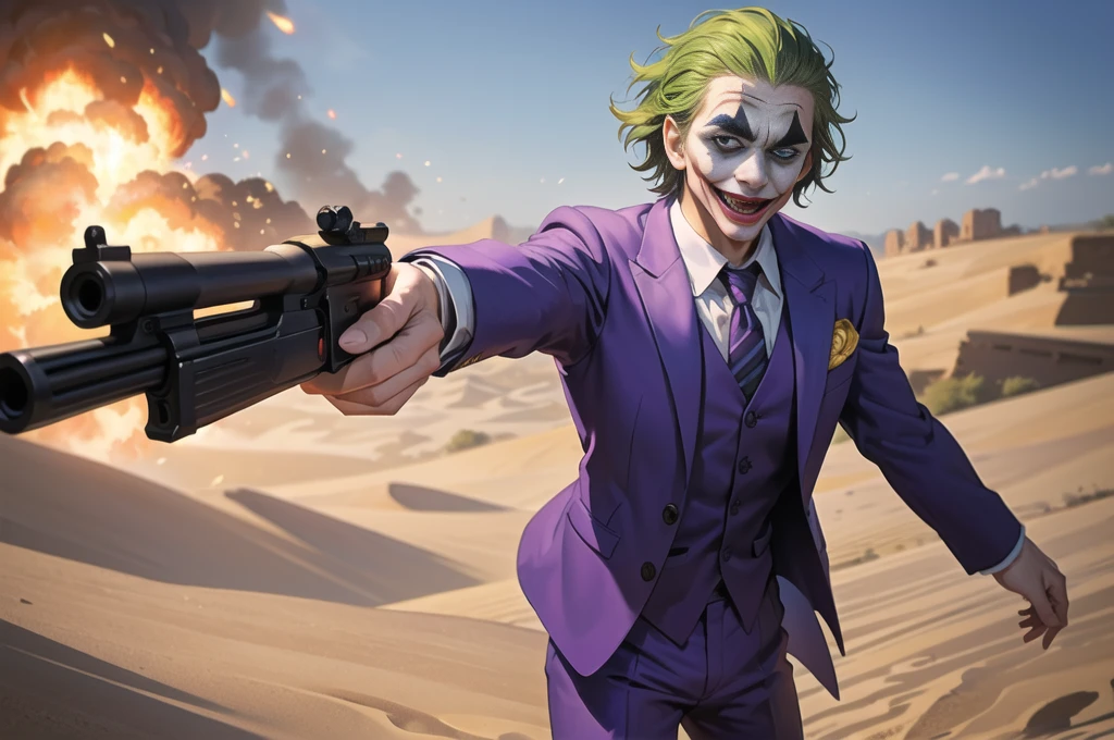 Masterpiece, best quality, The Joker wears a purple suit., , look at viewer, Aim the gun., ถือpistol, look at viewer, stand, , ((pistol)),((Aim the gun.ไปที่ผู้ชม)),gun possession, desert, Laugh and laugh ,explosion from gun