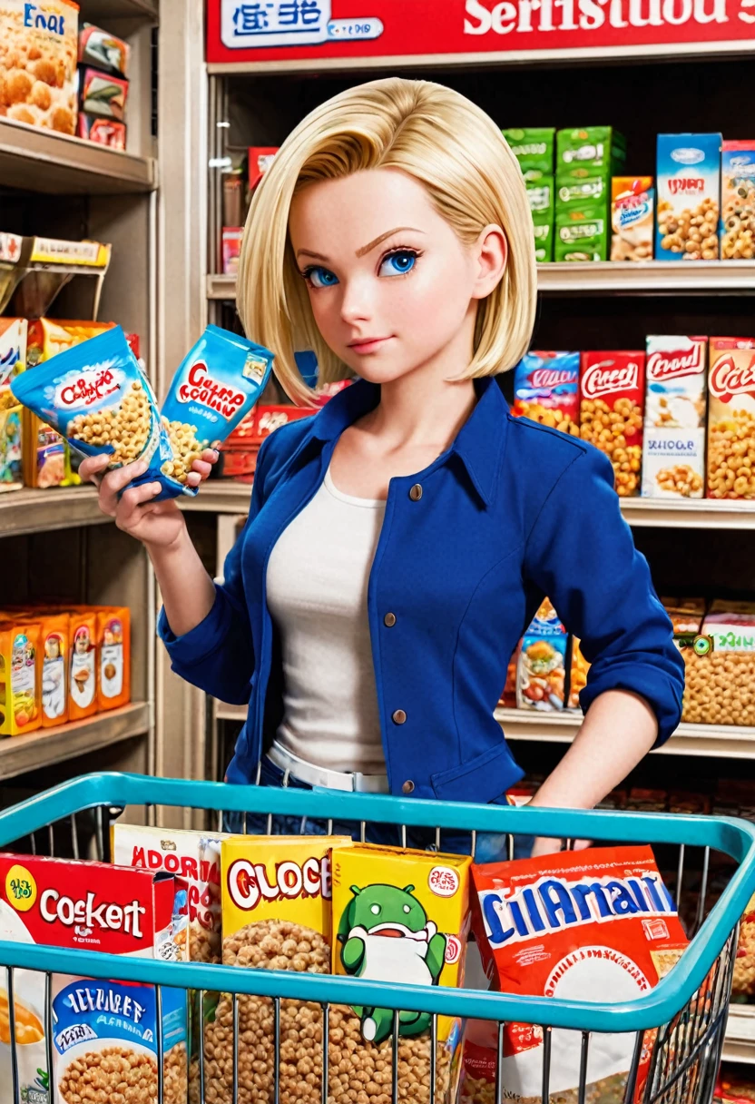 Android 18 grocery shopping, inspecting cereal brands, unaware