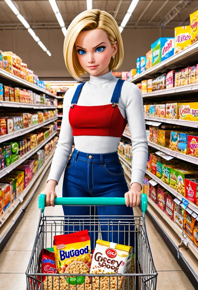 Android 18 grocery shopping, inspecting cereal brands, unaware