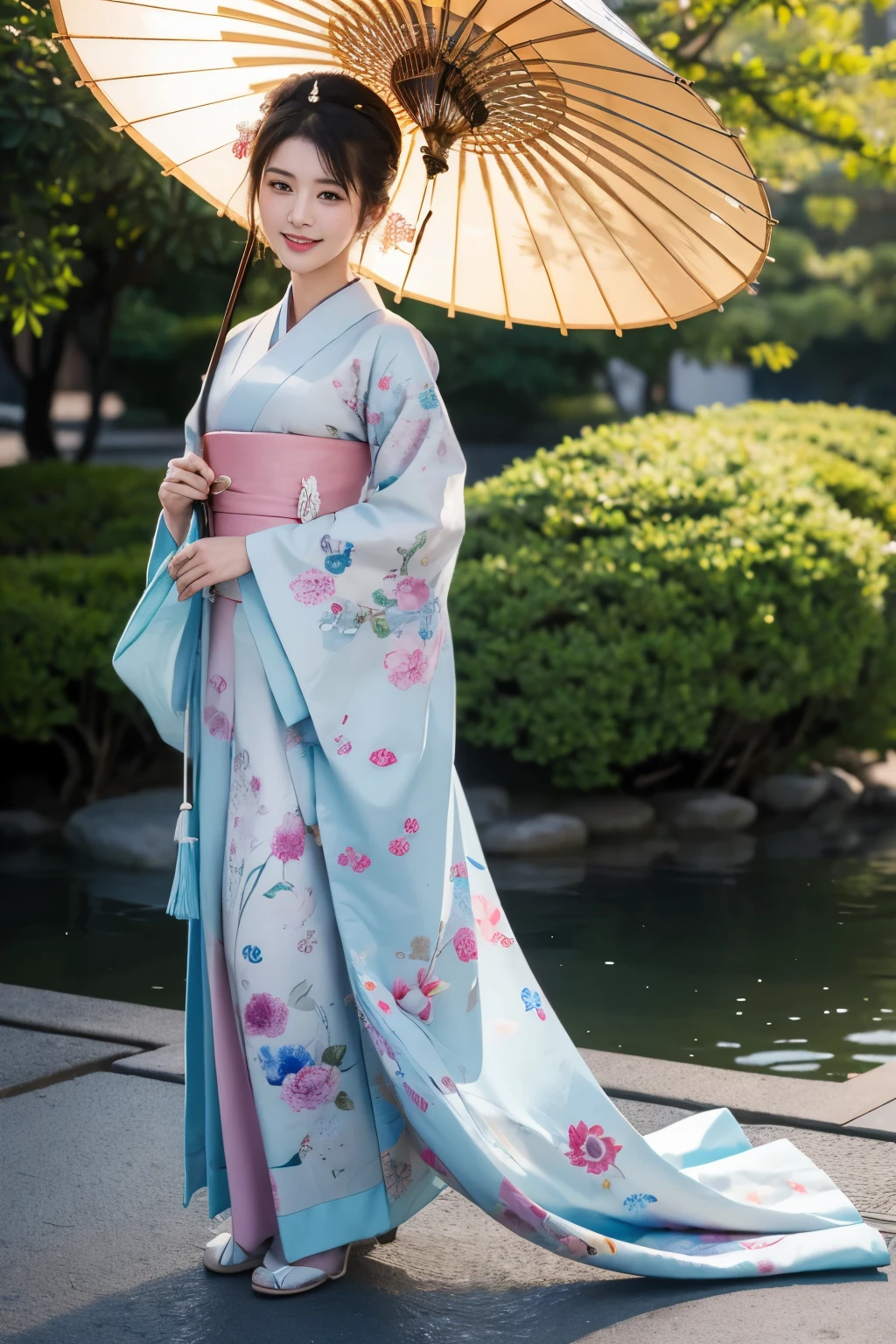 masterpiece, close up, full body a hyper-realistic masterpiece featuring a very beautiful, atractive smile, elegant woman wearing traditional Japanese clothing. Hyperdetailed face, She holds a colorful umbrella and walks into a palace. The scene is inspired by ancient Japanese beauties and princesses, with a harmonious blend of traditional Japanese art. The image is of the highest quality, ultra-high definition (UHD), and captures the essence of Japan’s Emperor’s dynasty, UHD, best resolution, portrait, 28K.