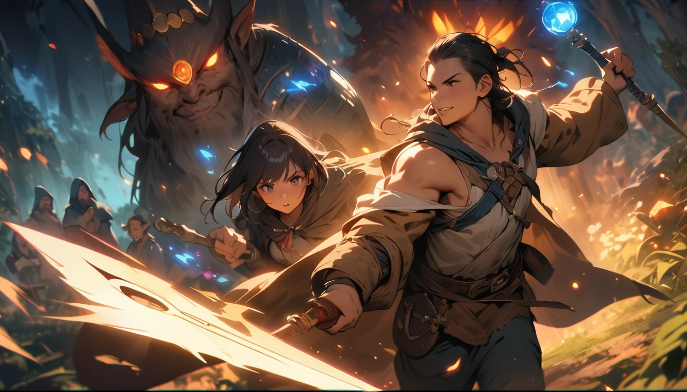 (masterpiece:1.4), (Highest quality:1.4), Very detailed, Complex, Very detailed, shape,Soft lighting, Scenic, Brandishing a Sword, A face full of fighting spirit, Spirit, More than one person, Mixed gender, a group of adventurers, character from RPG games, (character: human, Fairy, Fairy, Dwarf, The Hobbit), (exterior: Swordsman Style, Shaman Style, Monk Style, Magician style), (belongings: Long sword, dagger, Holy Staff, Magic wand, shield, metal armor, Leather Armor), Perfectly accurate anatomical shape、All limbs intact、Perfect full finger, Colorful characters, Fight demons, Huge, Majestic, Fighting Hero, Uplifting expressions, In the dark forest.