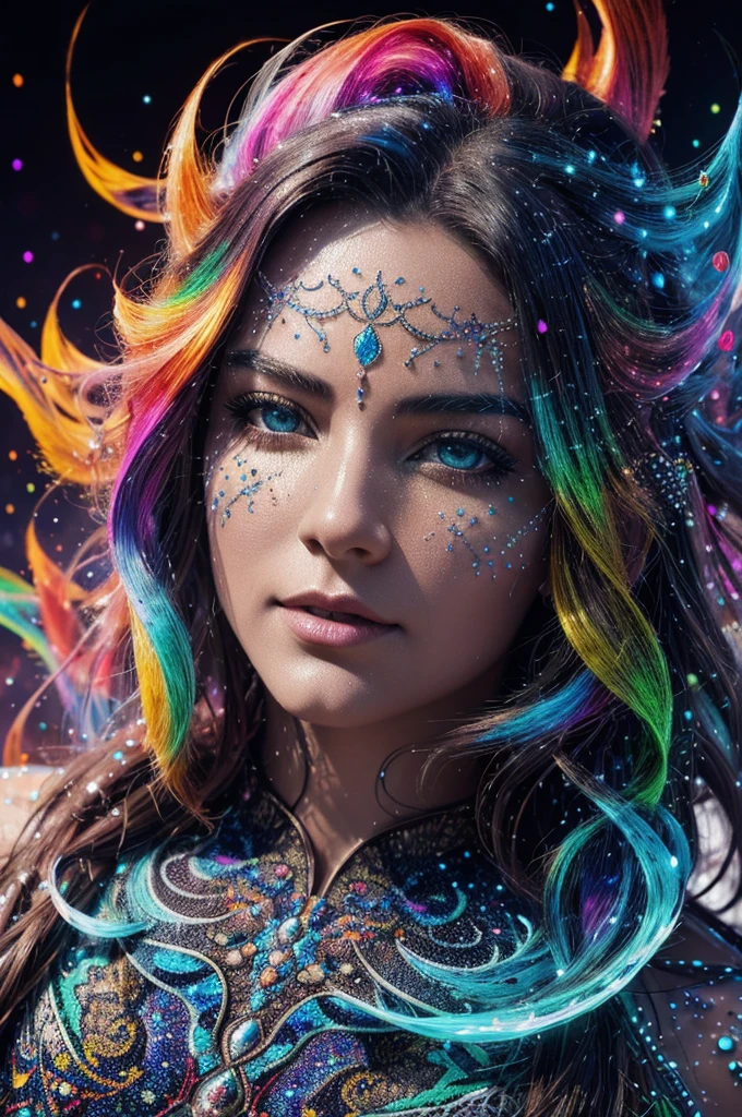 Capture the spirit of wind with liquid ink unfreezing into a whirlwind of pointilism, traversing a spectrum of multiple random colors, 4k concept art, extreme detail, intricate, luminescent glowing canvas, motion, dynamic, sharp glossy focus, create a perfect female face with intricate detail, ornate, best quality, masterpiece