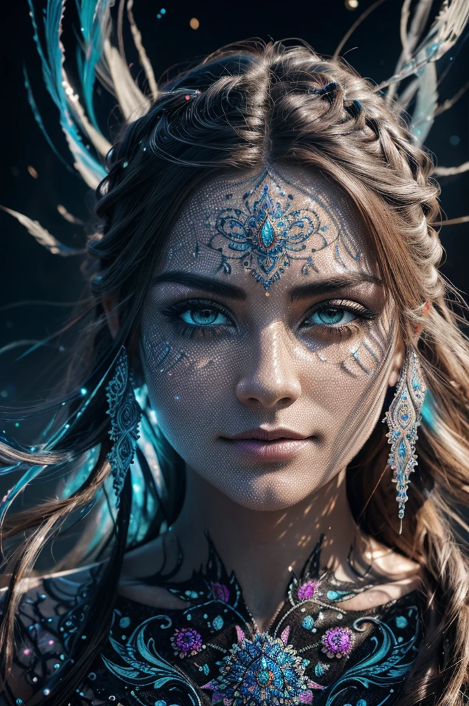 Capture the spirit of wind with liquid ink unfreezing into a whirlwind of pointilism, traversing a spectrum of multiple random colors, 4k concept art, extreme detail, intricate, luminescent glowing canvas, motion, dynamic, sharp glossy focus, create a perfect female face with intricate detail, ornate, best quality, masterpiece