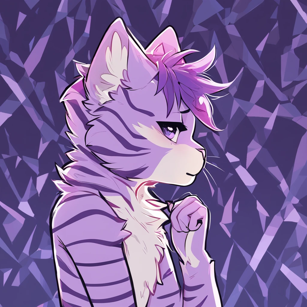 adult, feline, mammal, anthro, anthropomorphic, cat, striped, fur, striped_feline, fur, male, light_purple_fur, purple_hair, fluffy, white_chest, shy, small_pupils, digital_art, high_resolution, high_res, detailed, hand-drawn, pencil_lines, head_visible, background, neck_visible, seductive_face, detailed_line_work, profile_picture, head_visible, neptune_background, purple_background, cute, white, posing, paw_fingers, individual_fingers, finger_paws, dreaming_pose, headshot, head_only, small_pupils, seductive_face, tufts, paws, chest, glossy_fur, vibrant_colors, expressive_eyes, elegant_pose, high_quality, looking_at_viewer, daydreaming_expression, thoughtful_pose, relaxed_hand_pose