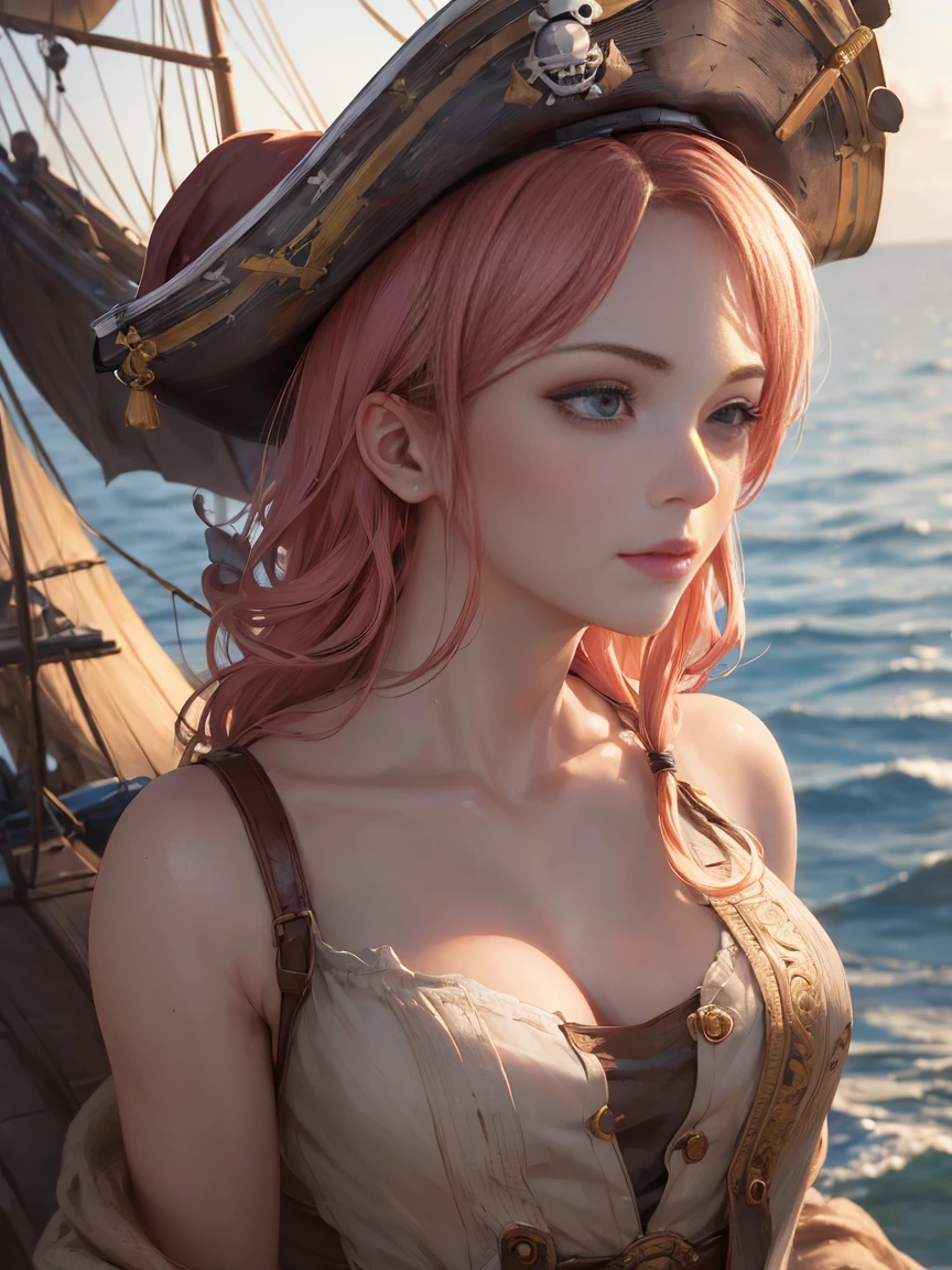 (masterpiece, 最high quality:1.4), (pirate ship), (From the back:1), (One girl), (alone), (head to waist photo) , Nami from One Piece, hyperRealistic, Skin with attention to detail, Digital SLR, Soft lighting, high quality, Highly detailed face, Highly detailed eyes, Highly detailed skin, Skin pores, Scattered beneath the surface, Apply blush all over the face, Highly detailed face, Highly detailed eyes, Beautiful Face, Fuller lips, Detailed Background, Depth of written boundary, Volumetric lighting, Sharp focus, Realistic proportions, Excellent ???????, (Realistic, hyperRealistic:1.4), 16k hdr, Dawn