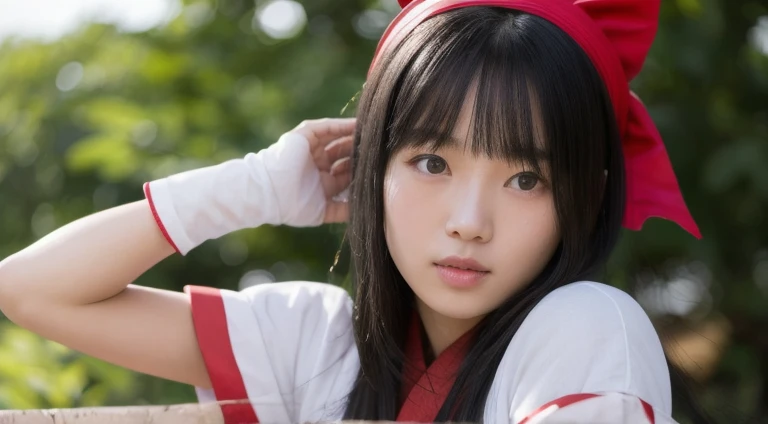 nakorurums, red bow, bow, red hairband, hairband, hair fringe, long hair, ainu clothes, fingerless gloves, short sleeves, kunoichi, katana zero video game character, amaterasu, skin pores texture, cute, wrinkled skin, sharp, 15 years old, (Asian girl:1.2), (Realistic hair:1.2), (realistic eyes:1.2), (Beauty face:1.3), (detailed face and eyes):1.2, (freckles:0.5), perfect body, perfect hands, perfect face, perfect eyes, (((full body))), Best quality, ultra highres, (realistic, photo-realistic:1.33), (8k, RAW photo, best quality, masterpiece:1.2), wide shot, 135mm, Canon, UHD, textured skin, super detail, high details, high quality, best quality, highres, 16k