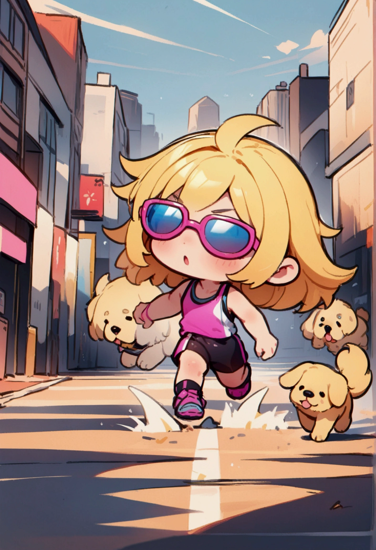 chibi style, best quality, masterpiece, 8K, HD, young man, spiky blond hair, wearing neon colored sports tank top and tight booty shorts, wearing sunglasses, frantically running after a black puppy and a golden retriever puppy in front of him, in a park, modern city in the background, front view, full body, zoomed out, vibrant colors, highly detailed