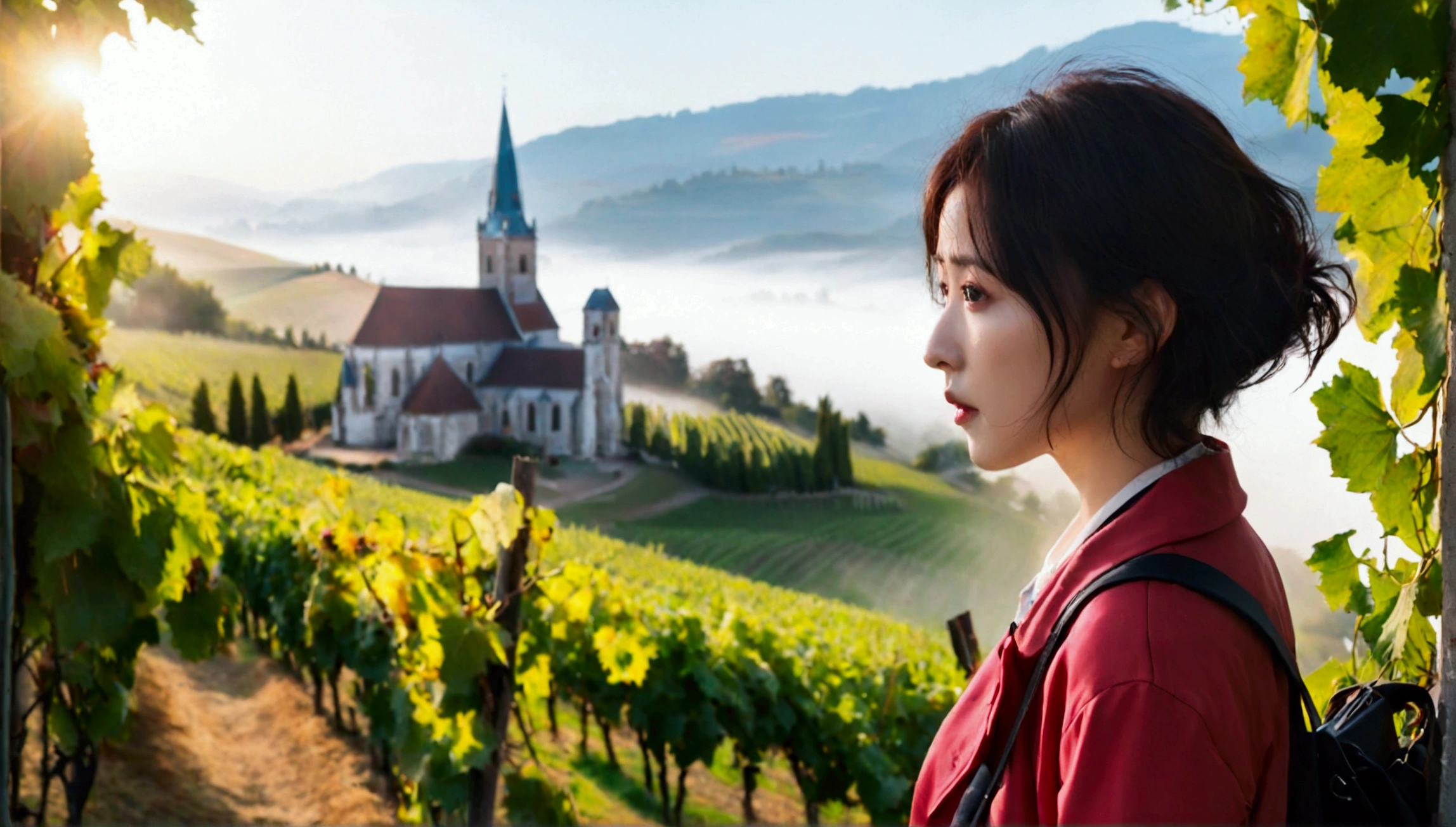 Woman in a beautiful landscape 8K highest quality, Beautiful 36-year-old Korean woman, Chest size 34 inches, Passing through the vineyards in the Swiss countryside, the cathedral is visible through the early morning fog., The back background is realistic and vivid image quality, short medium hair, Casual and British - (summer jacket) ,Perfect and realistic photos, The background is realistic. Full body shot with Canon camera 16-35 wide angle lens, expressionless, Walking up a vineyard hill covered in thick fog., Walking towards the front camera