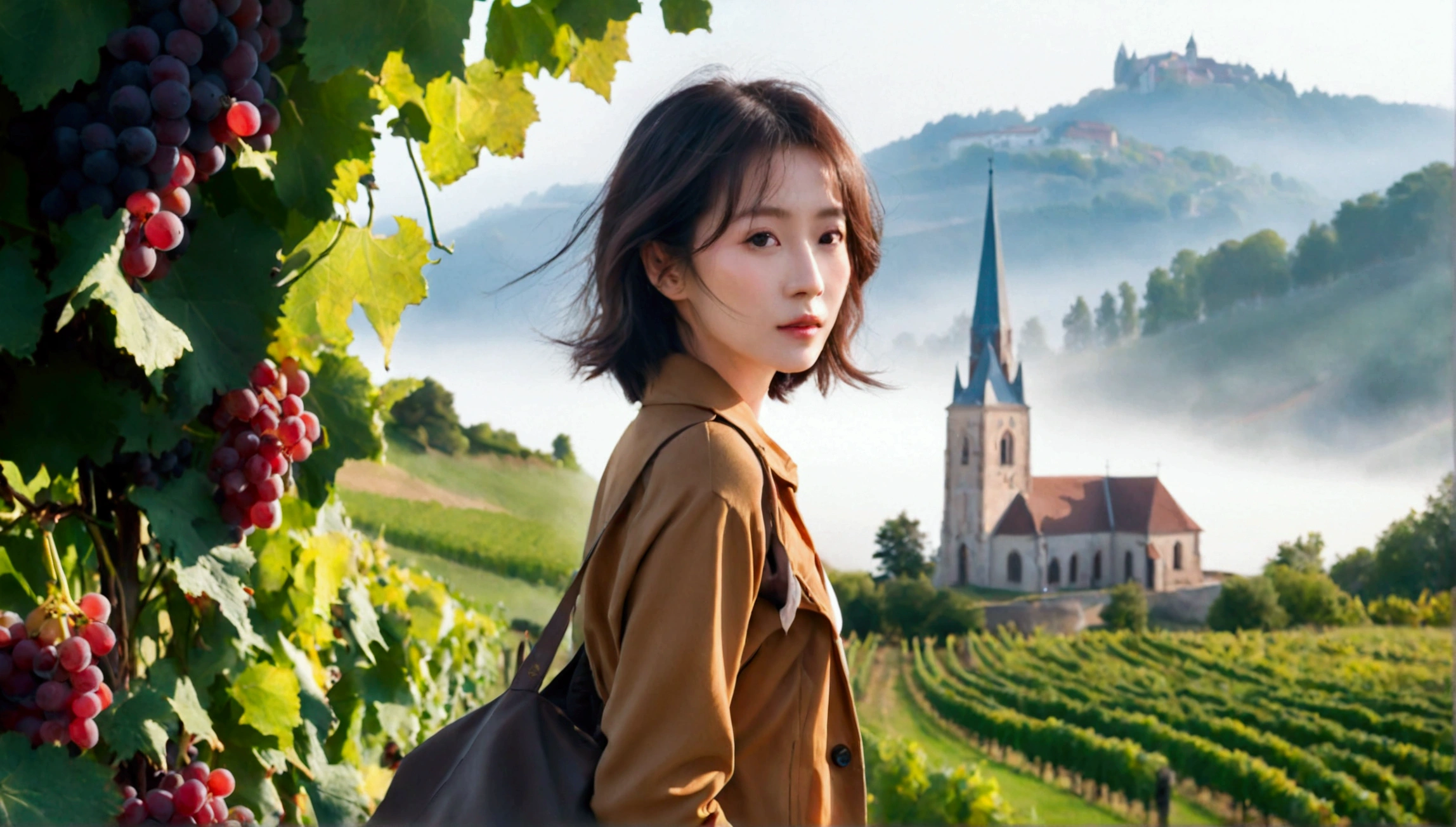 Woman in a beautiful landscape 8K highest quality, Beautiful 36-year-old Korean woman, Chest size 34 inches, Passing through the vineyards in the Swiss countryside, the cathedral is visible through the early morning fog., The back background is realistic and vivid image quality, short medium hair, Casual and British - (summer jacket) ,Perfect and realistic photos, The background is realistic. Full body shot with Canon camera 16-35 wide angle lens, expressionless, Walking up a vineyard hill covered in thick fog., Walking towards the front camera
