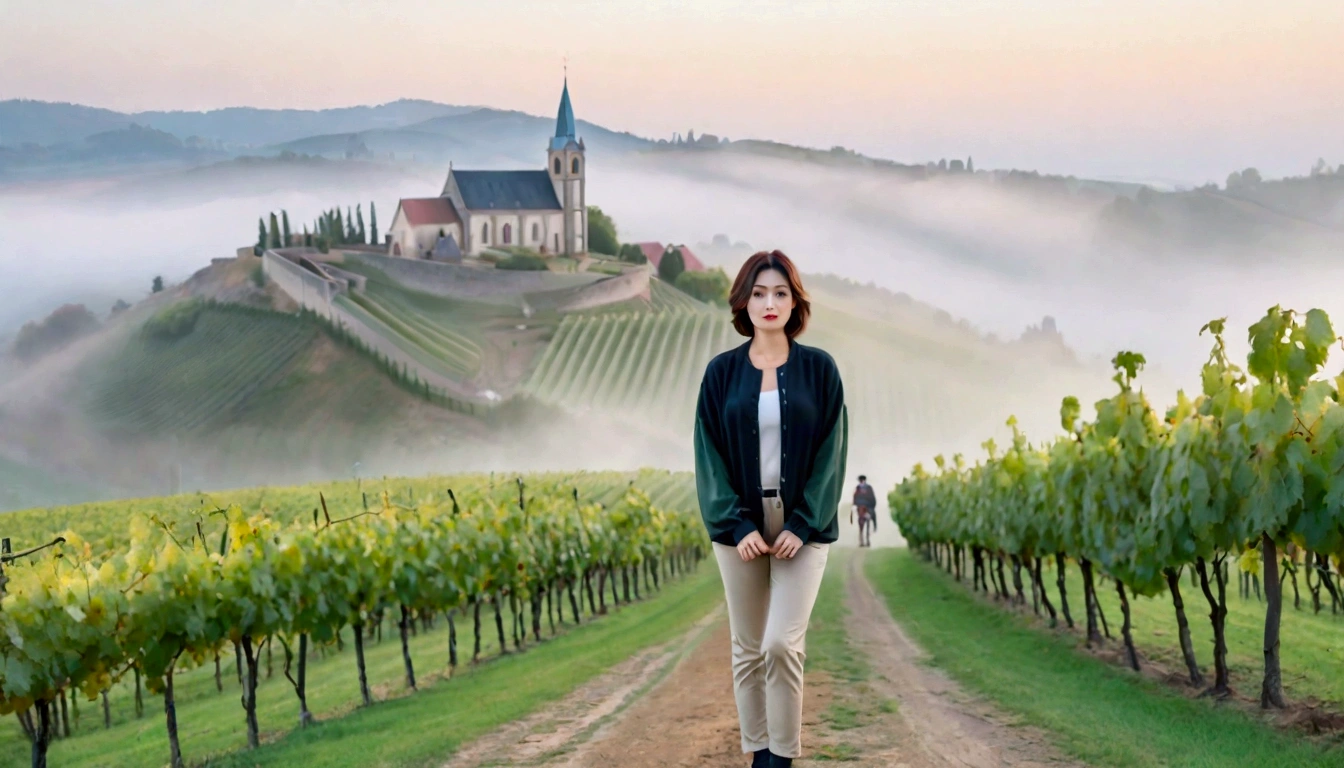 Woman in a beautiful landscape 8K highest quality, Beautiful 36-year-old Korean woman, Chest size 34 inches, Passing through the vineyards in the Swiss countryside, the cathedral is visible through the early morning fog., The back background is realistic and vivid image quality, short medium hair, Casual and British - (summer jacket) ,Perfect and realistic photos, The background is realistic. Full body shot with Canon camera 16-35 wide angle lens, expressionless, Walking up a vineyard hill covered in thick fog., Walking towards the front camera