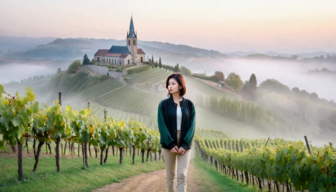 Woman in a beautiful landscape 8K highest quality, Beautiful 36-year-old Korean woman, Chest size 34 inches, Passing through the vineyards in the Swiss countryside, the cathedral is visible through the early morning fog., The back background is realistic and vivid image quality, short medium hair, Casual and British - (summer jacket) ,Perfect and realistic photos, The background is realistic. Full body shot with Canon camera 16-35 wide angle lens, expressionless, Walking up a vineyard hill covered in thick fog., Walking towards the front camera