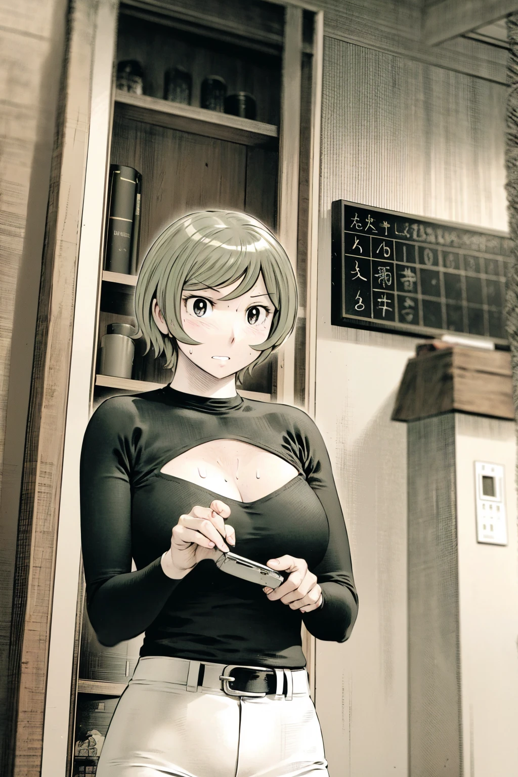 、(masterpiece、Highest quality)、Highest quality, Ultra-high resolution, (((masterpiece))), alone, Sweat、Big eyes,Tight black shirt、Tight white pants、belt、indoor、Composition from the front、(後ろCut your hair short、short hair、blonde、woman)、Shortcuts、Embarrassed face、Cut your hair short、可愛いwomanの子、Big Breasts、office