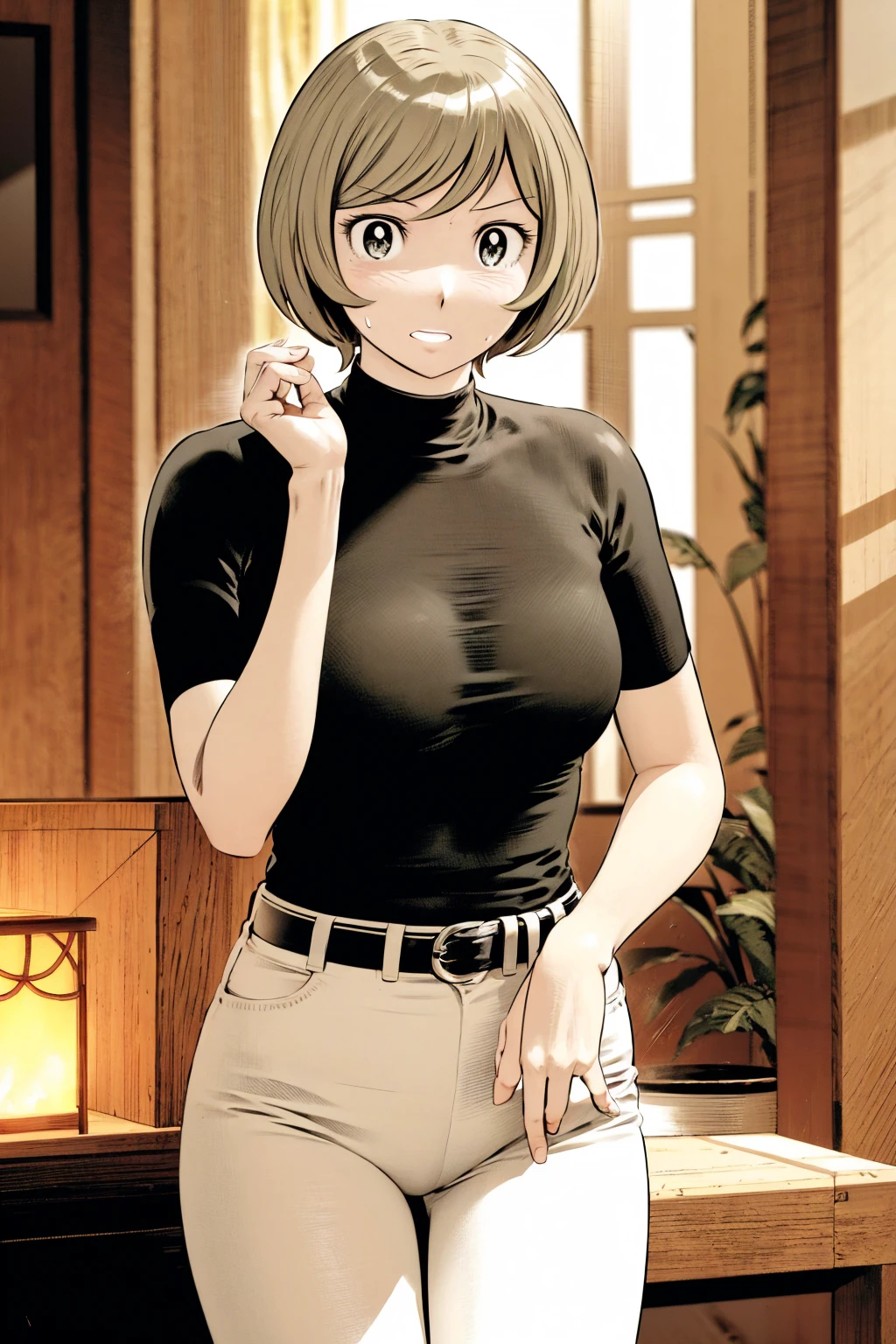 、(masterpiece、Highest quality)、Highest quality, Ultra-high resolution, (((masterpiece))), alone, Sweat、Big eyes,Tight black shirt、Tight white pants、belt、indoor、Composition from the front、(後ろCut your hair short、short hair、blonde、woman)、Shortcuts、Embarrassed face、Cut your hair short、可愛いwomanの子、Big Breasts、office
