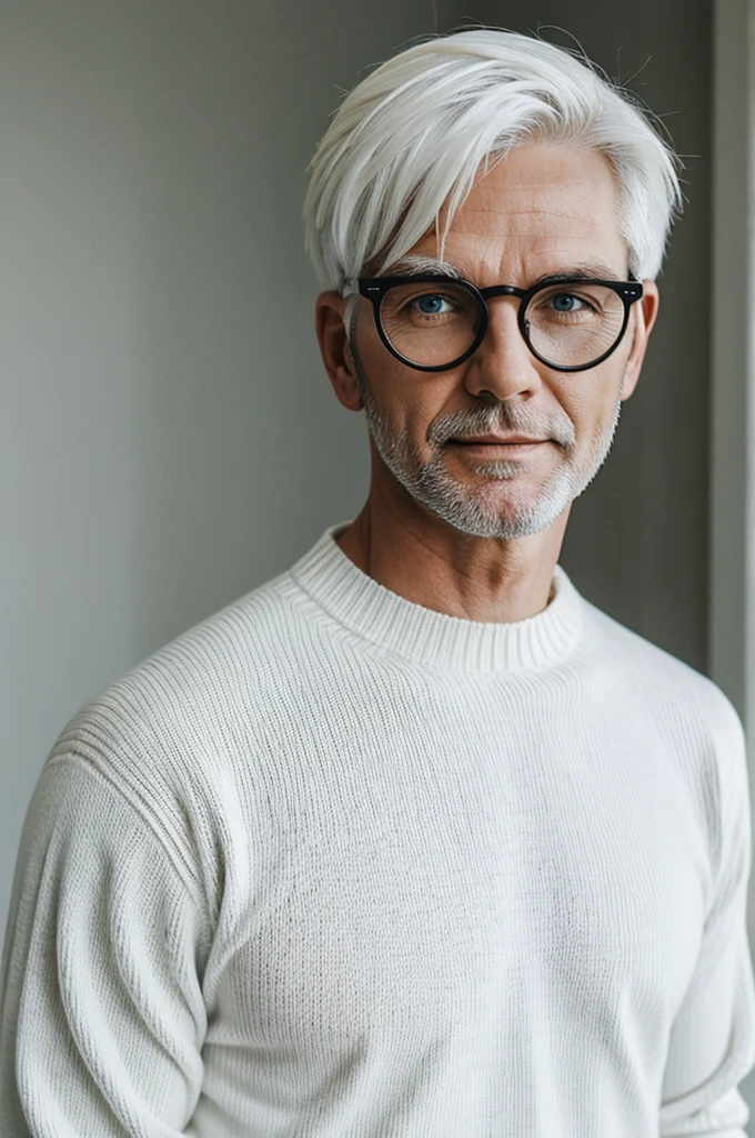 White-haired man wearing round glasses white sweater