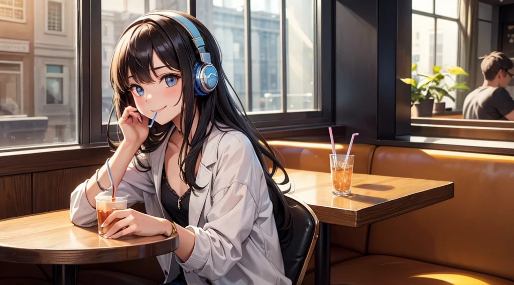 Girl with headphones enjoying music in a cafe I am studying Emphasize a little bit of the chest Smiling and drinking a drink through a straw
