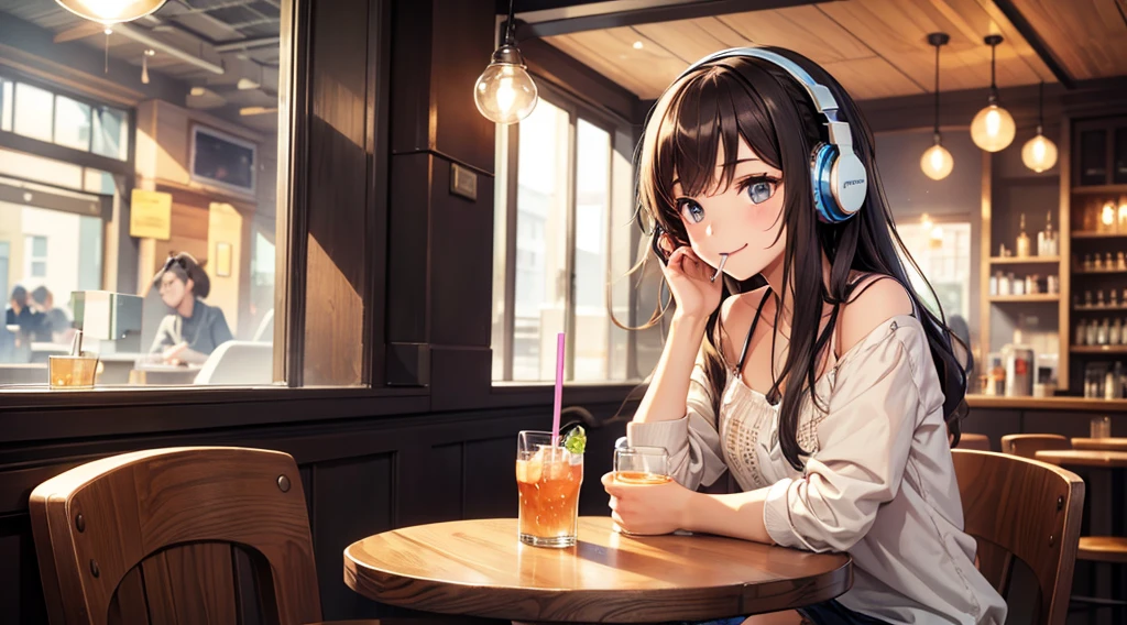 Girl with headphones enjoying music in a cafe I am studying Emphasize a little bit of the chest Smiling and drinking a drink through a straw