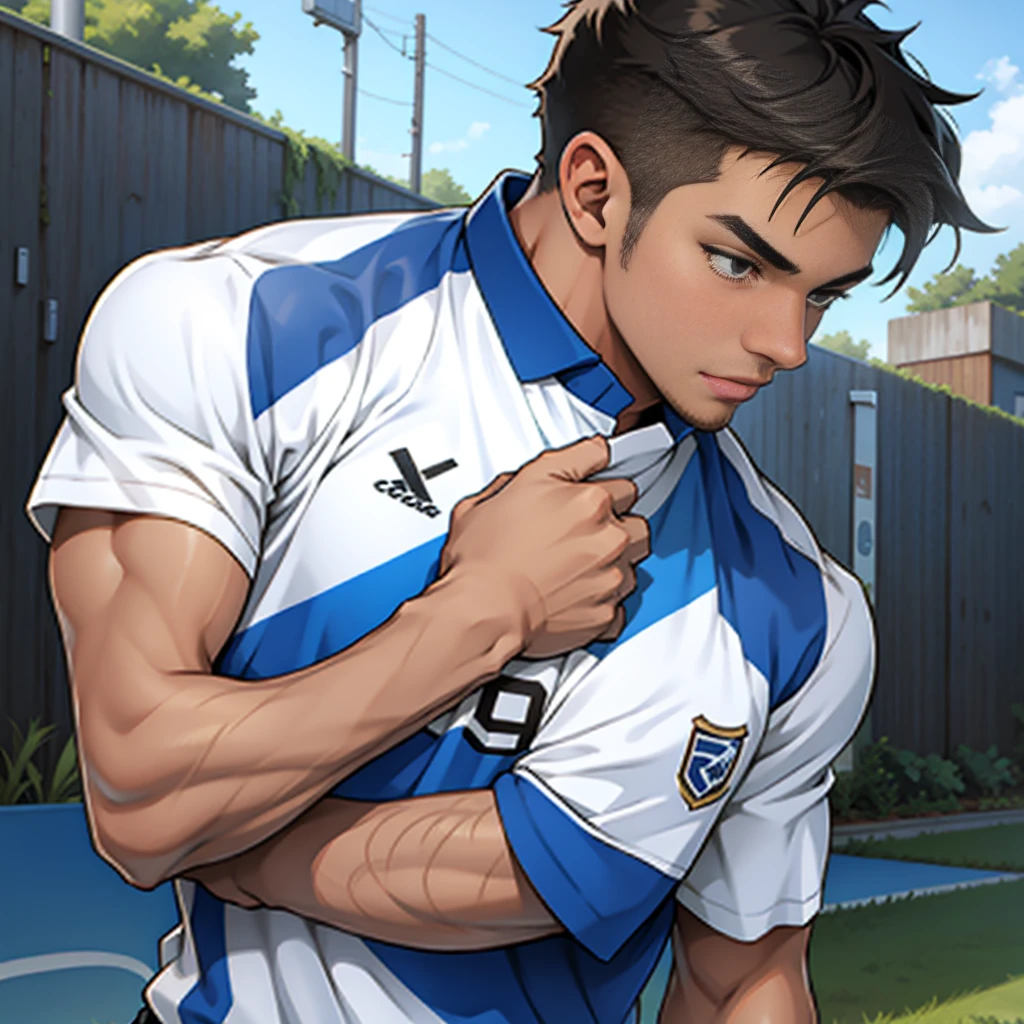 Soccer player blue and white shirt