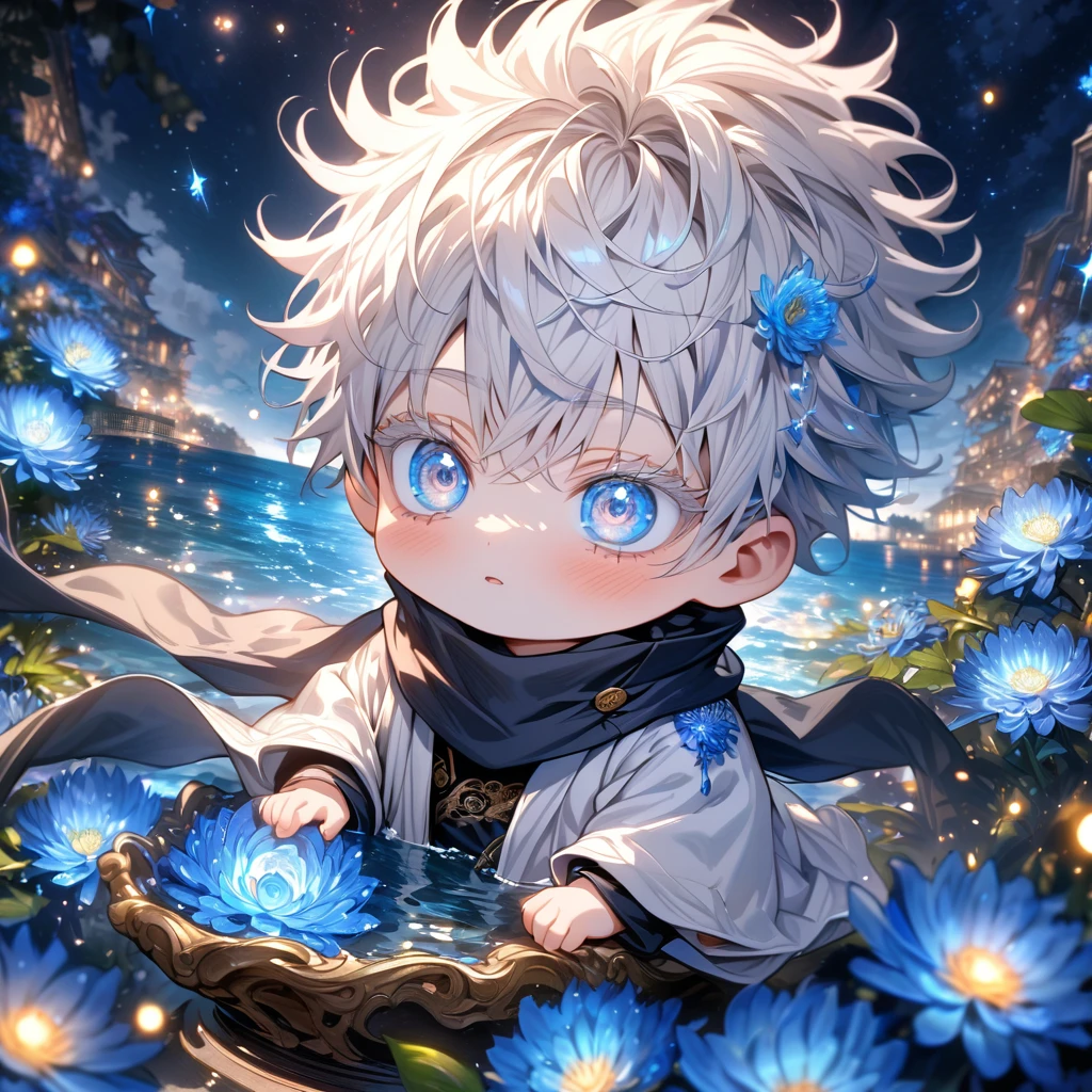absurdres, highres, ultra detailed, HDR, master piece, best quality, extremely detailed, Gojou Satoru chibi, white hair, expressive blue eyes, white eyelashes, Jujutsu Kaisen, solo, boy, cute, black scarf, white haori, black T-shirt, fantasy, water, sparkling, blue glittering fireflies, blue moon, blue blossoms, blue chrysanthemums, blue sparkling lights, starry sky
