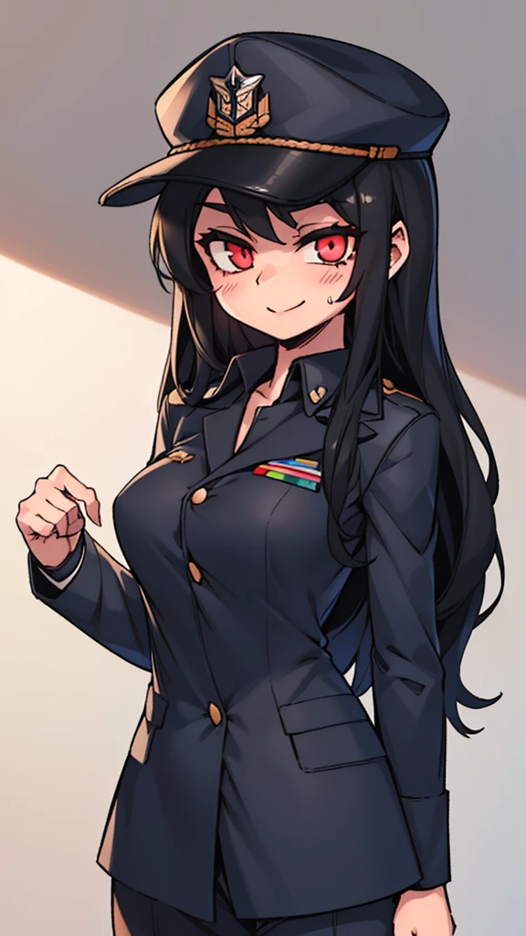 A girl, military girl, long hair, black hair, topless, gentle, good figure, uniform, hat, tear open clothes to expose breasts, , smile,jjmx, seductive eyes, loli