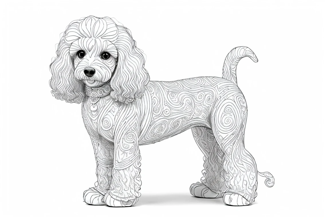 a dog style Poodle Toy, fantasy, magical, mystical, unusual, black and white, wavy lines, realistic line art drawing, coloring book page, no noise, sharp thick lines, contour art, centered image, isolated on a white background